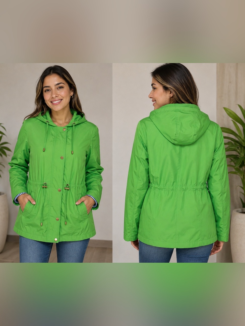 Kim Rogers Women’s Hooded Rain Jacket Size L Bright Green Lightweight Parka